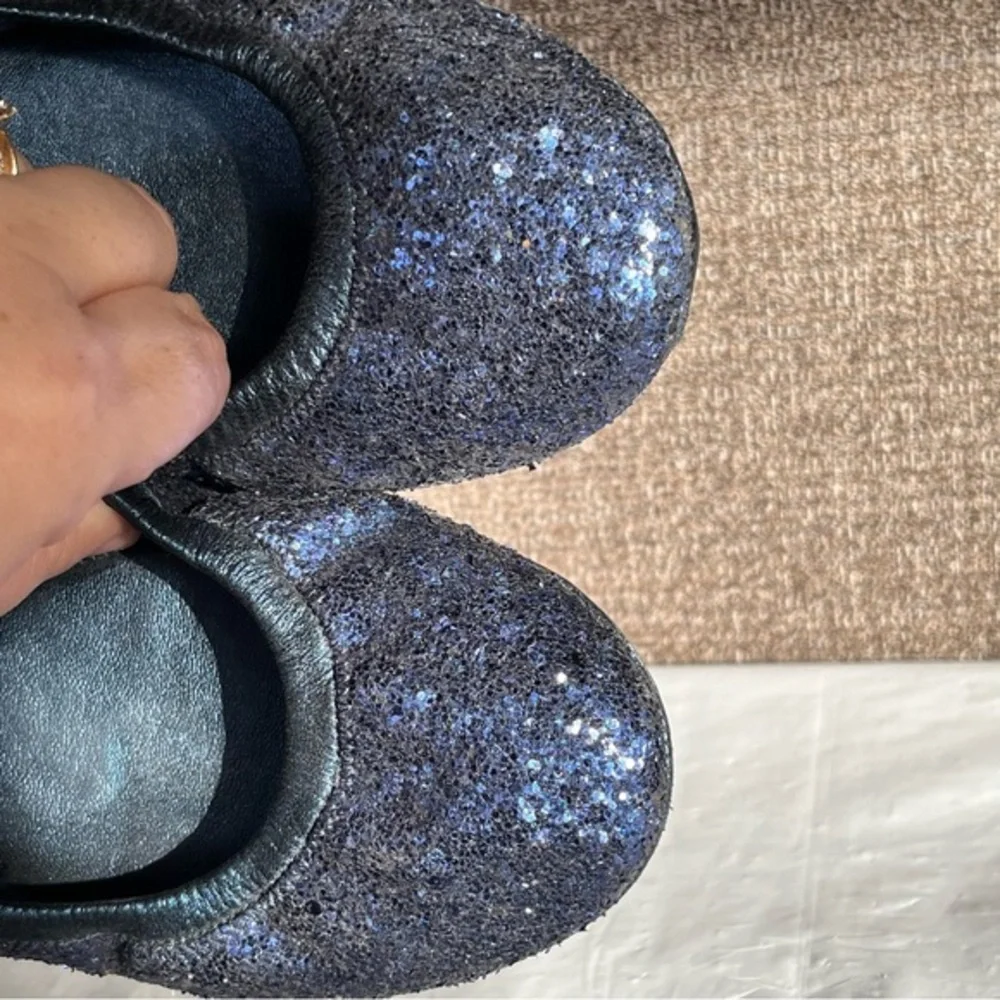 Tory Burch‎ Blue Sparkle Ballet Flats Womens Size 7.5 Leather Sole Slip On Logo
